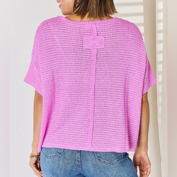 NEW Zenana PLUS + REG Size Mauve Oversized Woven Waffle Knit Short Sleeve Tee - Picture 4 of 6